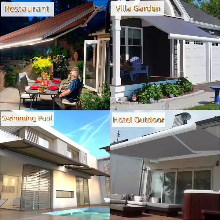 Collage of outdoor settings with retractable awnings labeled 'Restaurant', 'Villa Garden', 'Swimming Pool', and 'Hotel Outdoor'.